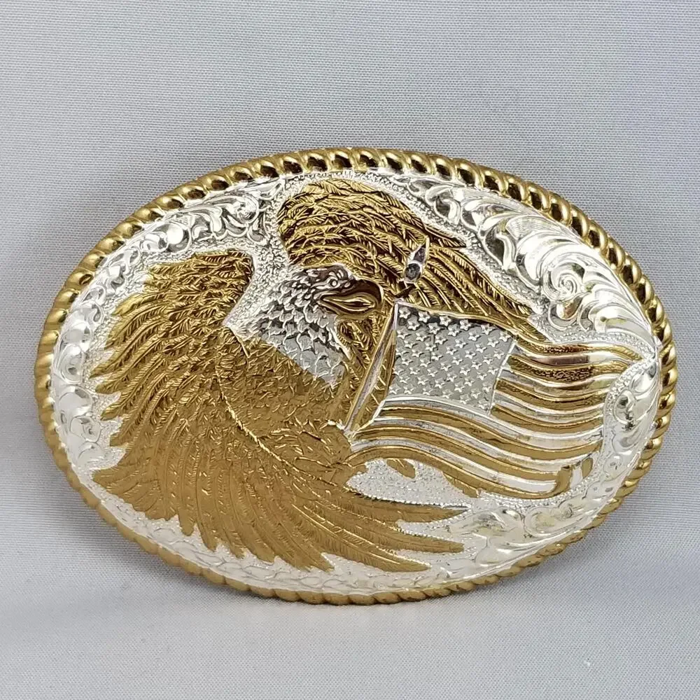 Crumrine Silver Electroplate on Jewelers‎ Bronze Eagle American Flag Belt Buckle